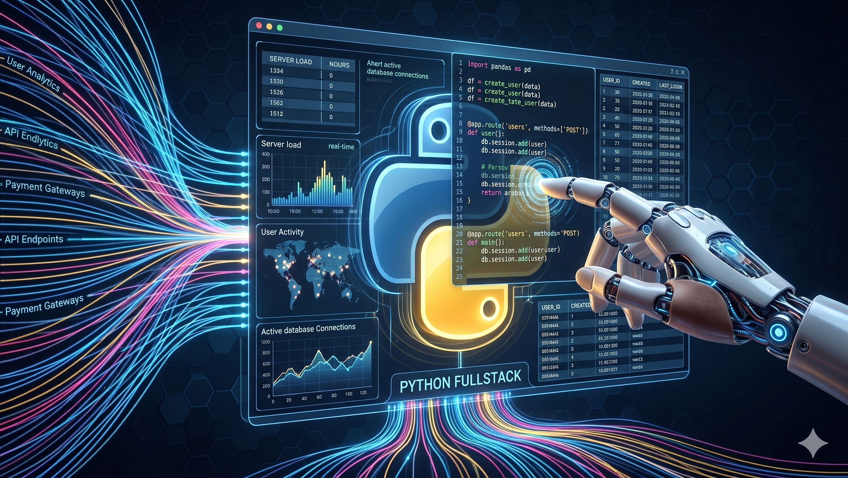 Realistic AI-native product engineering dashboard with code, analytics, and robotic automation